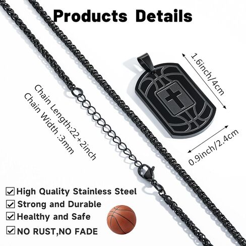 Basketball Bible Verse Cross Necklace for Men Stainless Steel Black/Gold/Silver Cross Pendant First Communion Baptism Religious Christmas Gifts Basketball Sports Jewelry for Men Boys Kids Teen with Stainless Steel Chain 22+2 inch in Saudi Arabia