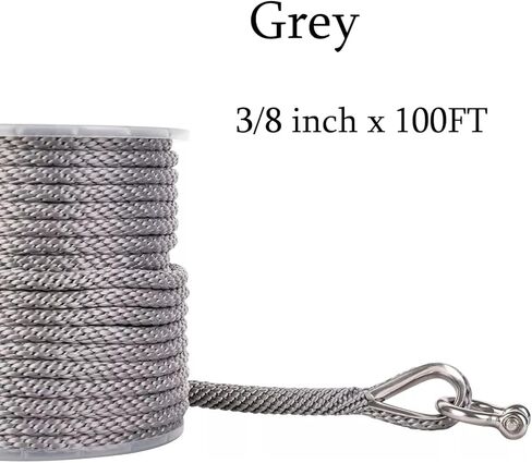 خط مرساة صلب MFP مقاس 3/8 بوصة × 100 قدم من CAPTAIN - حبل مرساة من الدرجة البحرية مع كشتبان وقيد من الفولاذ المقاوم للصدأ، حبل مرساة للقارب عالي التحمل (رمادي) in Kuwait