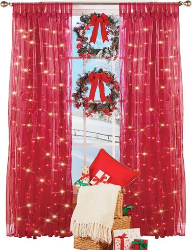 Collections Etc Light Up Magical Sheer Window Curtain Panel, White Lights All Over, Gorgeous Holiday and Winter Cheer, Red in Saudi Arabia