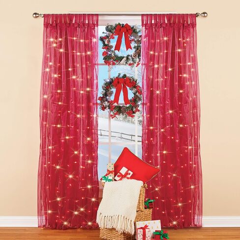 Collections Etc Light Up Magical Sheer Window Curtain Panel, White Lights All Over, Gorgeous Holiday and Winter Cheer, Red in Saudi Arabia