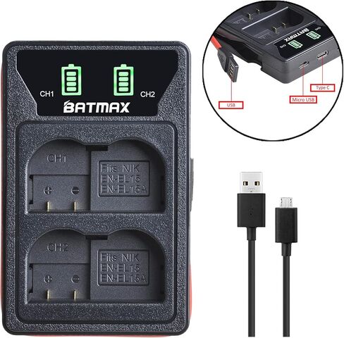 Batmax 2 قطعة 2280 مللي أمبير EN-EL15 EN-EL15B EN-EL15C بطارية لنيكون Z5، Z6، Z6 II، Z7، Z7II D780، D850، D7500، 1 V1، D500، D600، D610، D750، D800، D800E، D810، D810A، الكاميرات الرقمية D7000، D7100، D7200 in Kuwait