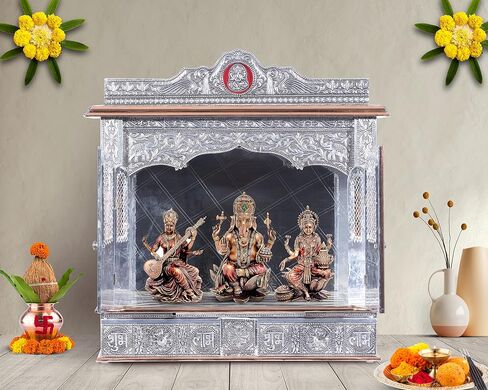 Silver Mandir for Home - Copper Oxidized - with Door, Large (W 13 X L 25 X H 26) in Saudi Arabia