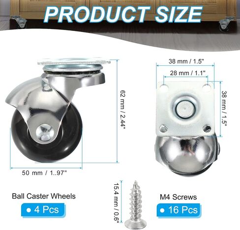 PATIKIL 2 Inch Ball Caster Wheels Set of 4, 360° Rotating Swivel Top Plate Wheels 397 lbs Total Capacity Caster with M4 Screws for Furniture Table Cabinet Chrome in Kuwait