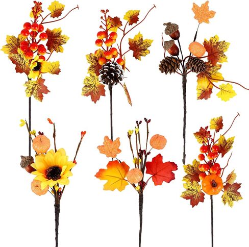 6 Pack Artificial Maple Leaves Branches Pumpkin Fall Stems for Vases Fake Berry Picks Fall Artificial Flower Decor Autumn Centerpieces Floral Arrangements Thanksgiving Harvest Day Party Decoration in Saudi Arabia