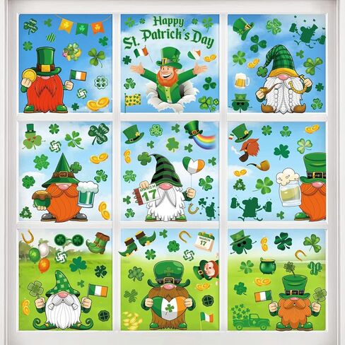 St. Patrick's Day Decoration Window Clings,Irish Holiday Sticker Home Decor for Glass,Shamrock Leprechaun，Saint Patty Gnome Decoration, (9 Sheets) in Saudi Arabia