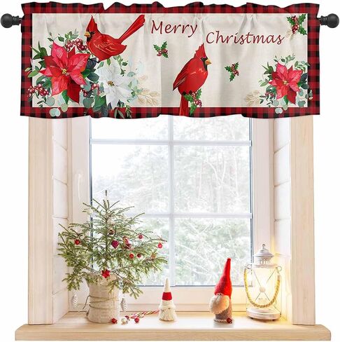 Kitchen Cafe Valance Curtain for Small Windows,Christmas Farm Cardinal Poinsettia Rod Pocket Short Blackout Curtains,Vintage Buffalo Linen Darkening Window Treatment for Living Room Bedroom Bathroom in Saudi Arabia