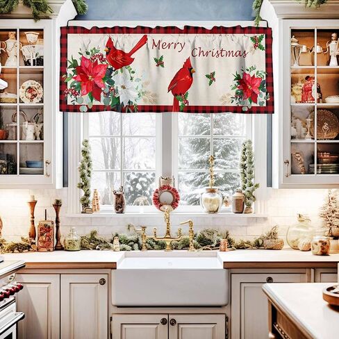 Kitchen Cafe Valance Curtain for Small Windows,Christmas Farm Cardinal Poinsettia Rod Pocket Short Blackout Curtains,Vintage Buffalo Linen Darkening Window Treatment for Living Room Bedroom Bathroom in Saudi Arabia