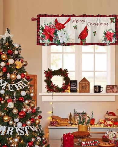 Kitchen Cafe Valance Curtain for Small Windows,Christmas Farm Cardinal Poinsettia Rod Pocket Short Blackout Curtains,Vintage Buffalo Linen Darkening Window Treatment for Living Room Bedroom Bathroom in Saudi Arabia