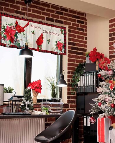 Kitchen Cafe Valance Curtain for Small Windows,Christmas Farm Cardinal Poinsettia Rod Pocket Short Blackout Curtains,Vintage Buffalo Linen Darkening Window Treatment for Living Room Bedroom Bathroom in Saudi Arabia