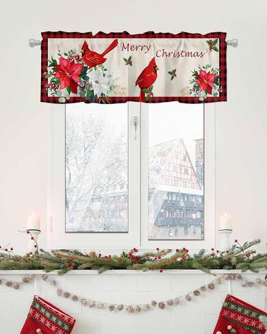 Kitchen Cafe Valance Curtain for Small Windows,Christmas Farm Cardinal Poinsettia Rod Pocket Short Blackout Curtains,Vintage Buffalo Linen Darkening Window Treatment for Living Room Bedroom Bathroom in Saudi Arabia
