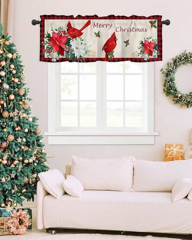 Kitchen Cafe Valance Curtain for Small Windows,Christmas Farm Cardinal Poinsettia Rod Pocket Short Blackout Curtains,Vintage Buffalo Linen Darkening Window Treatment for Living Room Bedroom Bathroom in Saudi Arabia