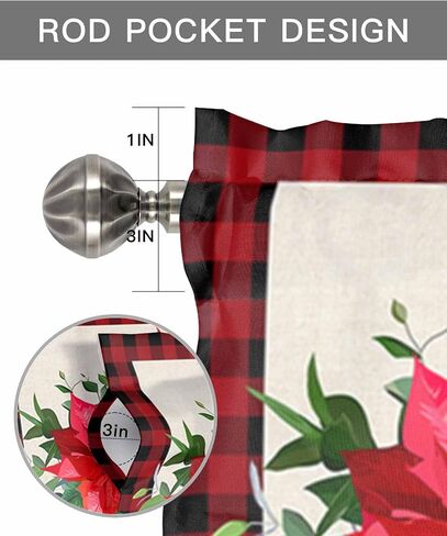 Kitchen Cafe Valance Curtain for Small Windows,Christmas Farm Cardinal Poinsettia Rod Pocket Short Blackout Curtains,Vintage Buffalo Linen Darkening Window Treatment for Living Room Bedroom Bathroom in Saudi Arabia