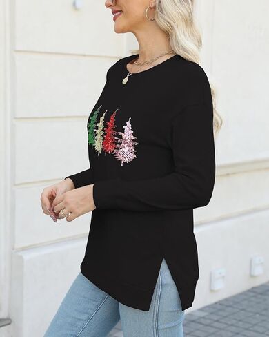 Women's Sequin Sparkly Graphic Long Sleeve Sweatshirts Casual Round Neck Side Split Pullover Tops for Women in Saudi Arabia