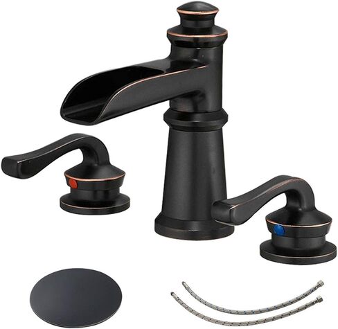BWE Waterfall Widespread Bathroom Faucet 3 Hole Sink Farmhouse with Oil Rubbed Bronze Bath Bathtub Faucets Pop Up Drain Stopper Assembly and Supply Line Lead-Free 8-16 Inch 2 Handle Vanity Lavatory in Kuwait