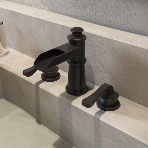 BWE Waterfall Widespread Bathroom Faucet 3 Hole Sink Farmhouse with Oil Rubbed Bronze Bath Bathtub Faucets Pop Up Drain Stopper Assembly and Supply Line Lead-Free 8-16 Inch 2 Handle Vanity Lavatory in Kuwait