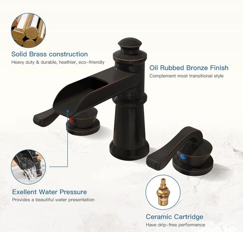 BWE Waterfall Widespread Bathroom Faucet 3 Hole Sink Farmhouse with Oil Rubbed Bronze Bath Bathtub Faucets Pop Up Drain Stopper Assembly and Supply Line Lead-Free 8-16 Inch 2 Handle Vanity Lavatory in Kuwait