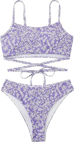 Floerns Women's 2 Piece Ditsy Floral Print Criss Cross Tie Back Bikini Swimsuit Set in Saudi Arabia