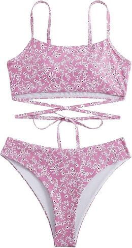 Floerns Women's 2 Piece Ditsy Floral Print Criss Cross Tie Back Bikini Swimsuit Set in Saudi Arabia