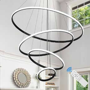 31.5'' Dimmable LED Chandelier, 6 Rings Modern Silver Chandelier Lighting for Dining Room with Remote Controller, Larger High Ceiling Chandelier for Flyer,Enterway,Staircase
