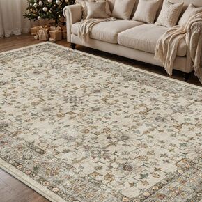 DEXI Prited Indoor Boho Area Rug, Non Slip, Ultra Thin, Machine Washable Vintage Retro Rugs, Low Pile Print Rug for Living Room, Bedroom, Dining Room, Home Offic, 4'x6', Light Brown