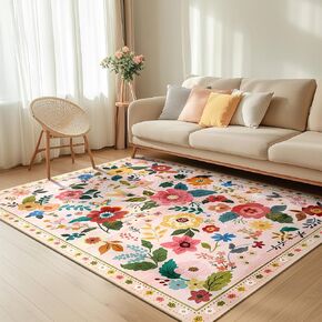 Washable Area Rug, Runner Rug, Round Rug, Non Slip Boho Floral Vintage 8x10 Area Rugs for Living Room, 8x10 Rug for Bedroom, Dining Room, Low Pile Carpet Indoor-Pink/Beige
