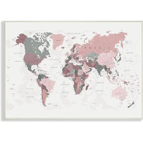 Stupell Industries World Map Patterned Waters Monochromatic Pink Regions, Designed by Urban Epiphany Gray Framed Wall Art, 16 x 20, Red
