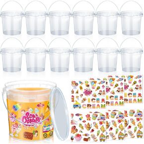 12 Pcs 1L Rum Buckets for Drinks with Lids and Handles 150 Stickers Clear Plastic Ice Cream Tub Cocktail Drink Bucket Reusable Food Containers for Dessert Snack Yogurt Ice Cream Party Supplies