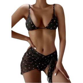 OYOANGLE Women's 3 Pieces Bikini Set Floral Print Spaghetti Strap Triangle Bikini Swimsuit with Beach Skirt in Kuwait