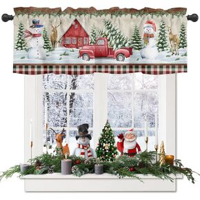 Christmas Window Curtain Kitchen Valance for Living Room Red Truck with Xmas Tree Snowmen Farmhouse Rod Pocket Curtain Valance 1 Panel 54" x 18"