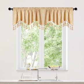 ELKCA Double-Sided Chenille Window Curtains Tier for Kitchen Gold Scalloped Valance for Living Room,Pack of 2(Gold, 52" W x 18" L)
