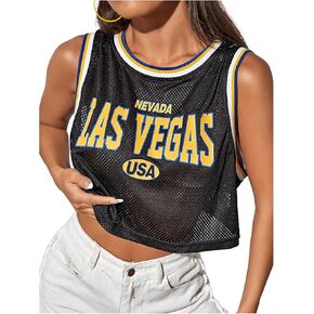 SHENHE Women's Jersey Crop Top Y2K Mesh Overlay Graphic Sleeveless Workout Jersey Shirts