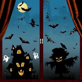52 Pcs Halloween Silhouette Window Sticker, 3 Sheet Horrible Castle Spooky Witch Moon Double-Sided Removable Static Decals for Window Door Cabinet Indoor and Outdoor Party Decoration