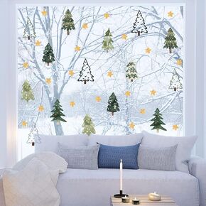Christmas Trees and Hand Drawn Water Color Stars Christmas Window Decal Wall Stickers，Christmas Trees Window Clings, 2025 New Year Winter Holiday Party Home Kitchen Decorations