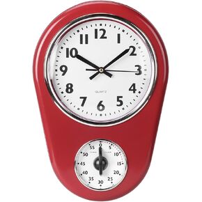 Retro Kitchen Timer Wall Clock, Vintage Wall Big Watch Hanging Clock Home Kitchen Timer Bell Shape Red for Indoor Living Room Decoration