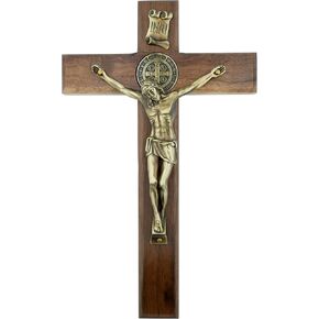 Wooden Wall Cross with Saint Benedict Medal | Beautiful Bronze-Tone Jesus | Solid Stained Wood | Ready to Hang on Wall | Great Gift for Baptism, New Home, Weddings | Made in Italy