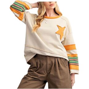 المرأة Preppy ستار البلوز Y2k التصحيح الجرافيك المتضخم تي شيرت خمر مضلع كم طويل البلوز سترة علوية