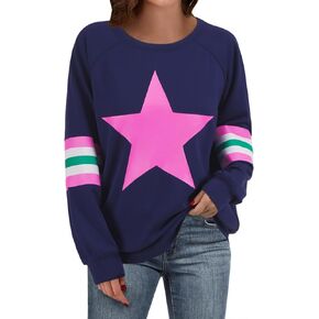 Women Star Graphic Crewneck Sweatshirts Striped Color Block Print Casual Loose Soft Y2K Long Sleeve Pullover Top