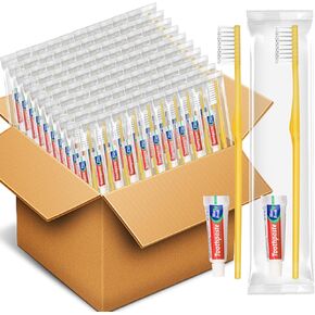 HOFASON Disposable Toothbrushes with Toothpaste Pack of 200, Yellow Hollow Travel Toothbrush Set with 5g Toothpaste Individually Wrapped Toothpaste Bulk for Homeless, Nursing Home, Shelter, Hotel