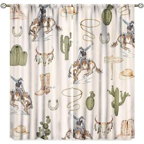 Vintage West Cowboy Window Curtains ，Rustic Wild West Cowboy Ride Horse and Desert Cactus Window Treatments for Bedroom Living Room 42x45in Decor