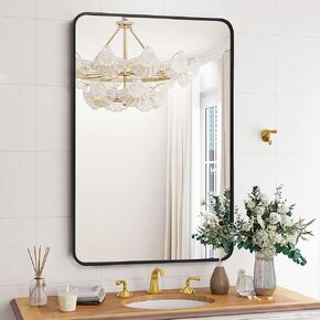 Bathroom Mirror, 22x30 Inch Metal Framed Rectangle Rounded Mirror for Wall, HD Eco-Friendly Matte Black Vanity Mirror for Bathroom, Entryway, Living Room, Hangs Horizontally or Vertically