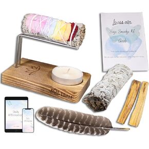 Sage Smudging Kit with White Sage & 7 Chakra Smudge Sticks, Includes 2 Palo Santo, Natural Wood Holder, Feather, Smudging Guide, Perfect Spiritual Cleansing Gift in Gift Box