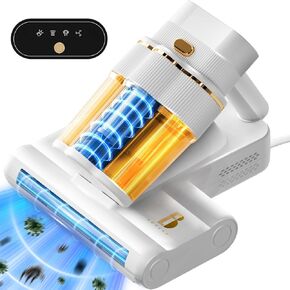 Mattress Vacuum Cleaner with UV-C Light 16Kpa Suction & 80000 rpm Double Brushrolls & Triple Cup, Heating & Ultrasonic & 2 Speeds & Widened Suction Port, Anti-Allergen Bed Vacuum Cleaner (White)