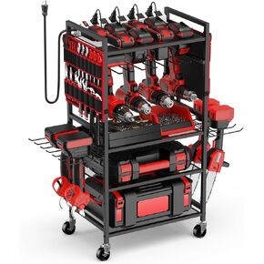JUNNUJ Garage Large Power Tool Organizer Cart with 20A Power Strip, Heavy Duty Drill and Tools Battery Holder Storage Rack with Charing Station, Floor Standing Rolling Tool Cart Shelf on Wheels