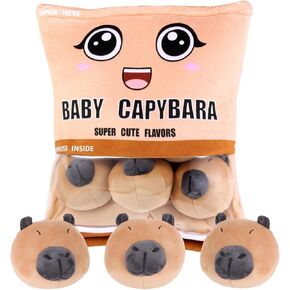 Capybara Snack Bag Plush Pillow, Removable Stuffed Animals with 6 Mini Capybara Stuffed Animals Kawaii Pudding Pillow Plush Decor for Kids