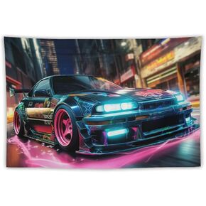 FeoYoed Jdm Car R34 Tapestry Japanese Car Graffiti Cool Neon Night Wall Hanging Aesthetic Decoration For Bedroom Living Room Wall Art Tapestries 40"x60"