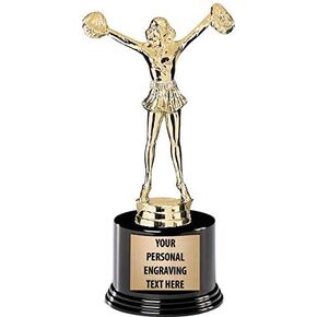 Crown Awards Cheerleading Trophies with Custom Engraving, 7.25" Personalized Gold Cheerleader Award Trophy On Deluxe Round Base Prime