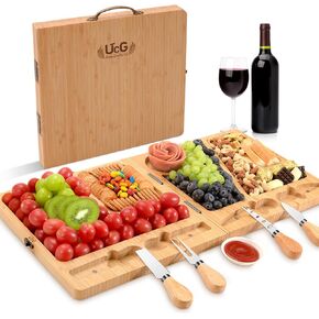 Bamboo Charcuterie Board Set - Large Folding Cheese Board with Stainless Steel Knives - Perfect for Entertaining, Gifts - 22.8 x 11.4 Inches