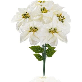 Christmas Flowers Artificial 6Pcs White Faux Poinsettia Flower Heads 9.8" Bouquet 16.9" for Home Xmas Tree Christmas Decorations