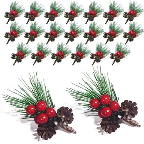 20PCS Mini Christmas Floral Picks Red Berry Pine Branches Faux Pine Cones Stem for Xmas Tree Festival Decoration