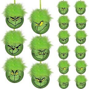 12PCS Christmas Ball Ornaments,6 Styles Glitter Christmas Tree Ornaments with Fuzzy Hair, Green Elf Balls Ornaments Holiday Hanging Xmas Balls Baubles for Christmas Tree Decorations